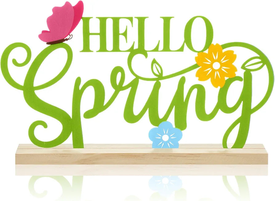 Metal Hello Spring Table Sign with Wooden Base
