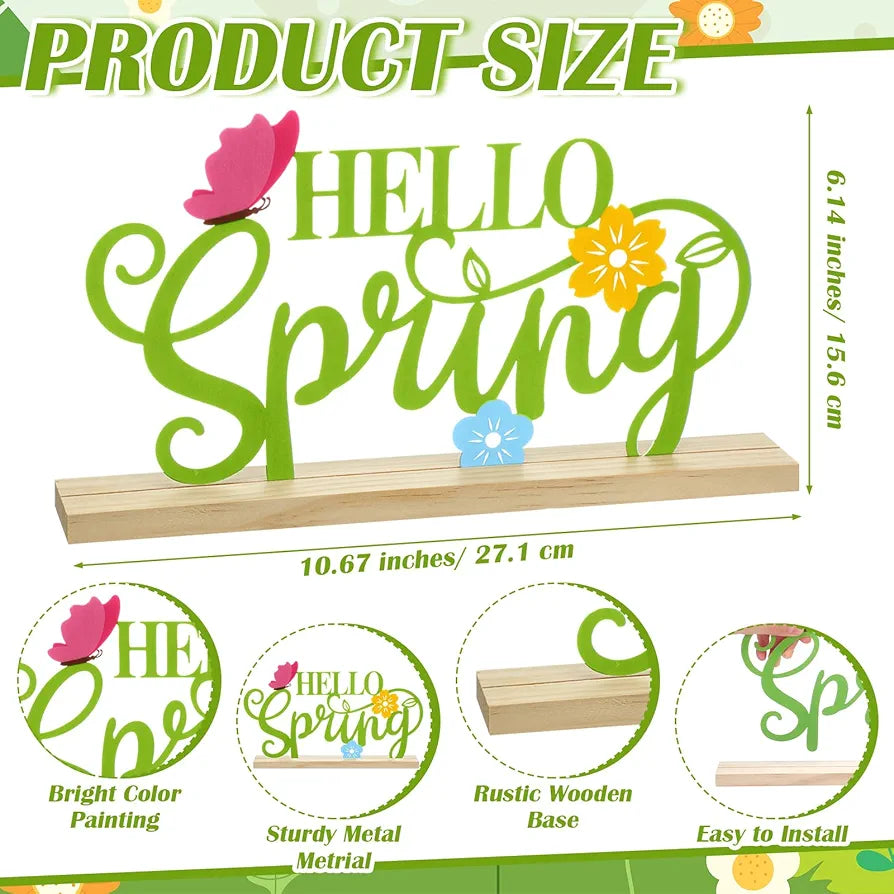 Metal Hello Spring Table Sign with Wooden Base
