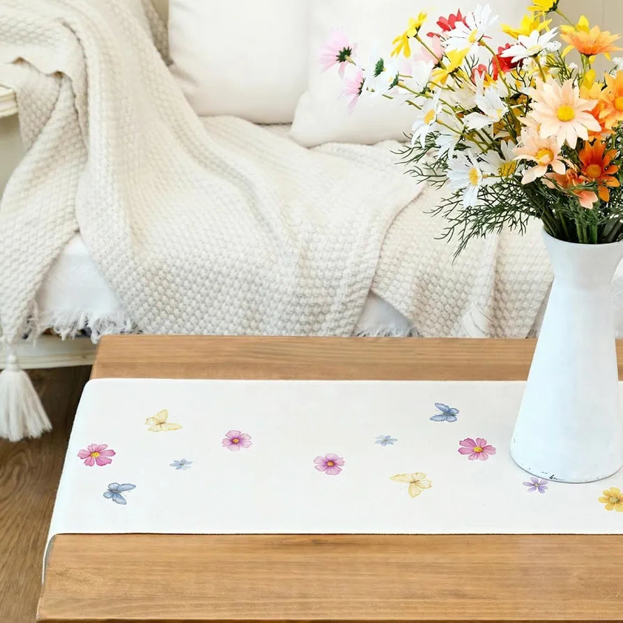 Watercolor Daisy & Butterfly Table Runner 13x72"