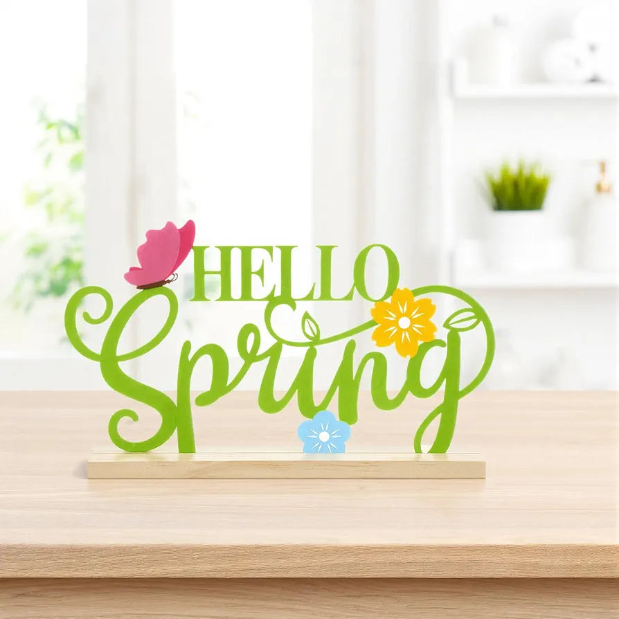 Metal Hello Spring Table Sign with Wooden Base
