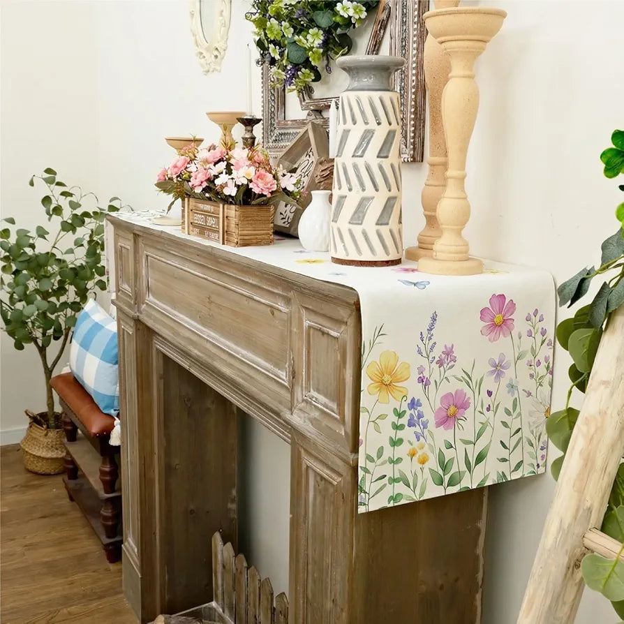 Watercolor Daisy & Butterfly Table Runner 13x72"
