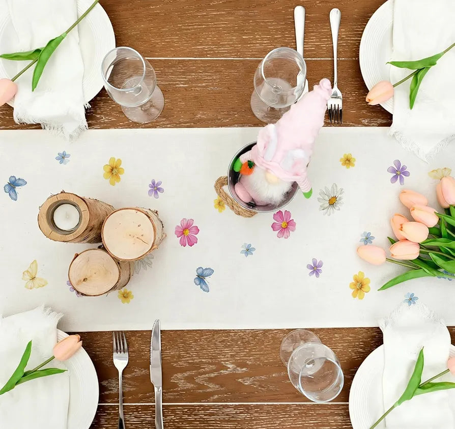 Watercolor Daisy & Butterfly Table Runner 13x72"