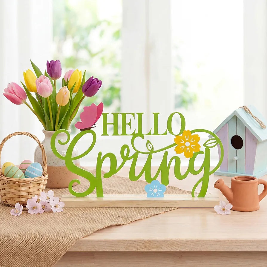 Metal Hello Spring Table Sign with Wooden Base