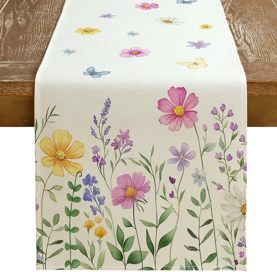 Watercolor Daisy & Butterfly Table Runner 13x72"