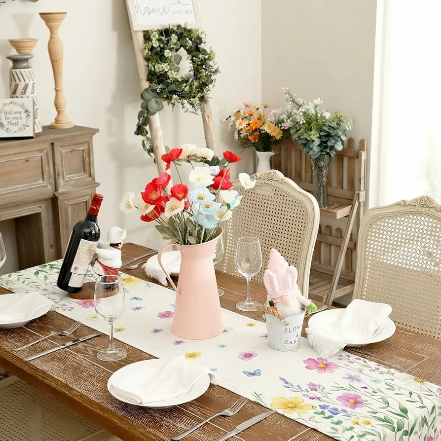 Watercolor Daisy & Butterfly Table Runner 13x72"