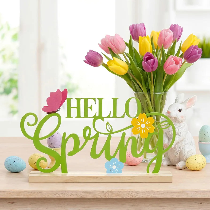 Metal Hello Spring Table Sign with Wooden Base