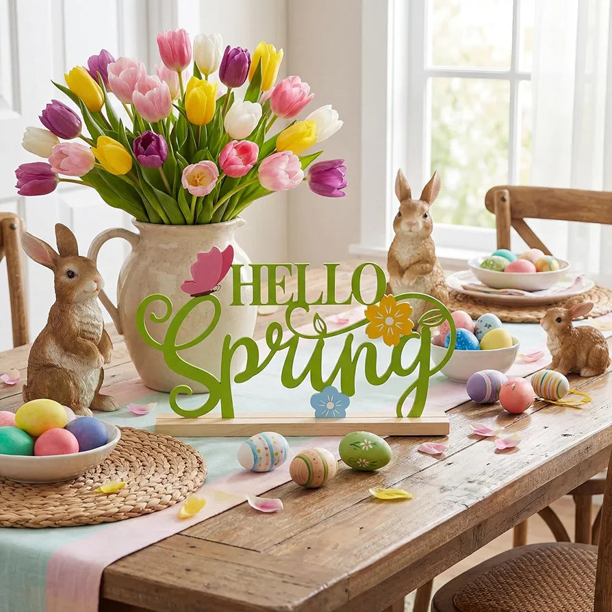 Metal Hello Spring Table Sign with Wooden Base