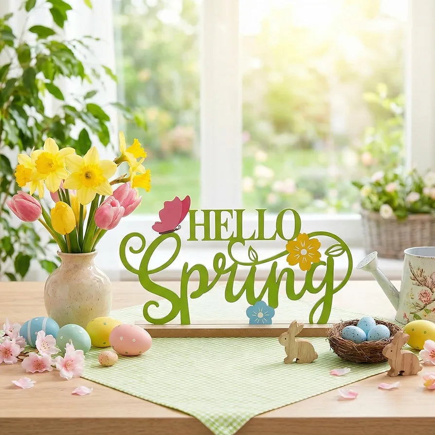 Metal Hello Spring Table Sign with Wooden Base