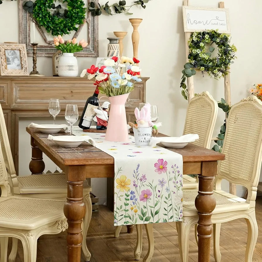 Watercolor Daisy & Butterfly Table Runner 13x72"